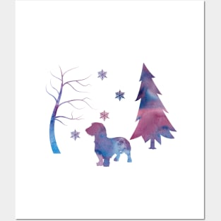 Wire Haired Dachshund Winter Snowflakes Art Posters and Art